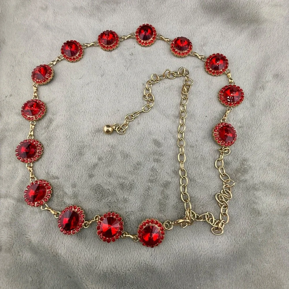 Chain Belt Red Rhinestone Gold Tone Adjustable 44in